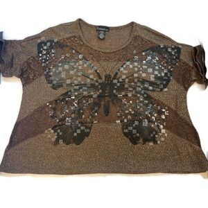 Multi-Media Butterfly Short Sleeve Metallic Detail Loose Weave Sweater Brown L